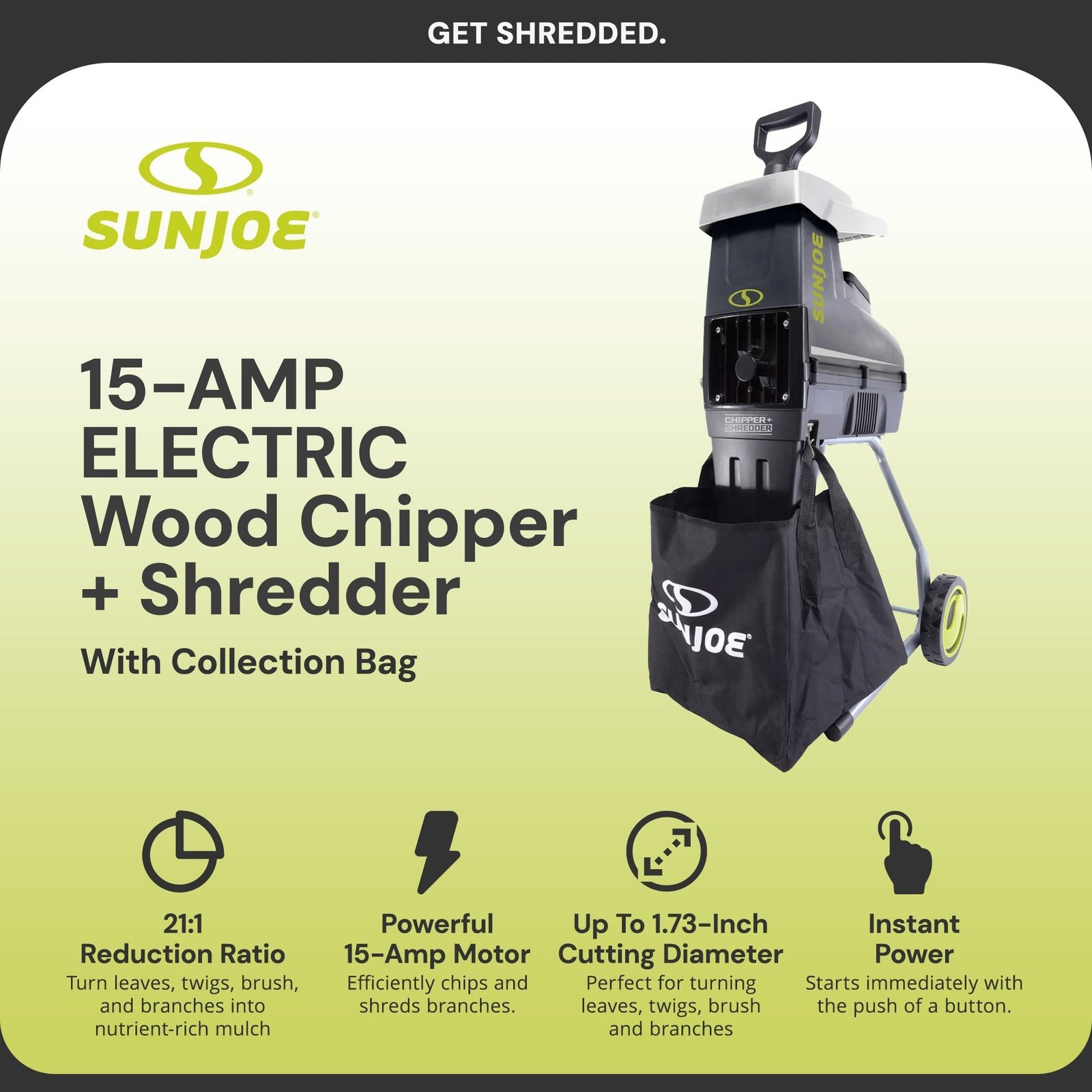 Silent Wood Chipper Shredder, 15 Amp Machine with 1.7″ Diameter, CJ603E - Image 2