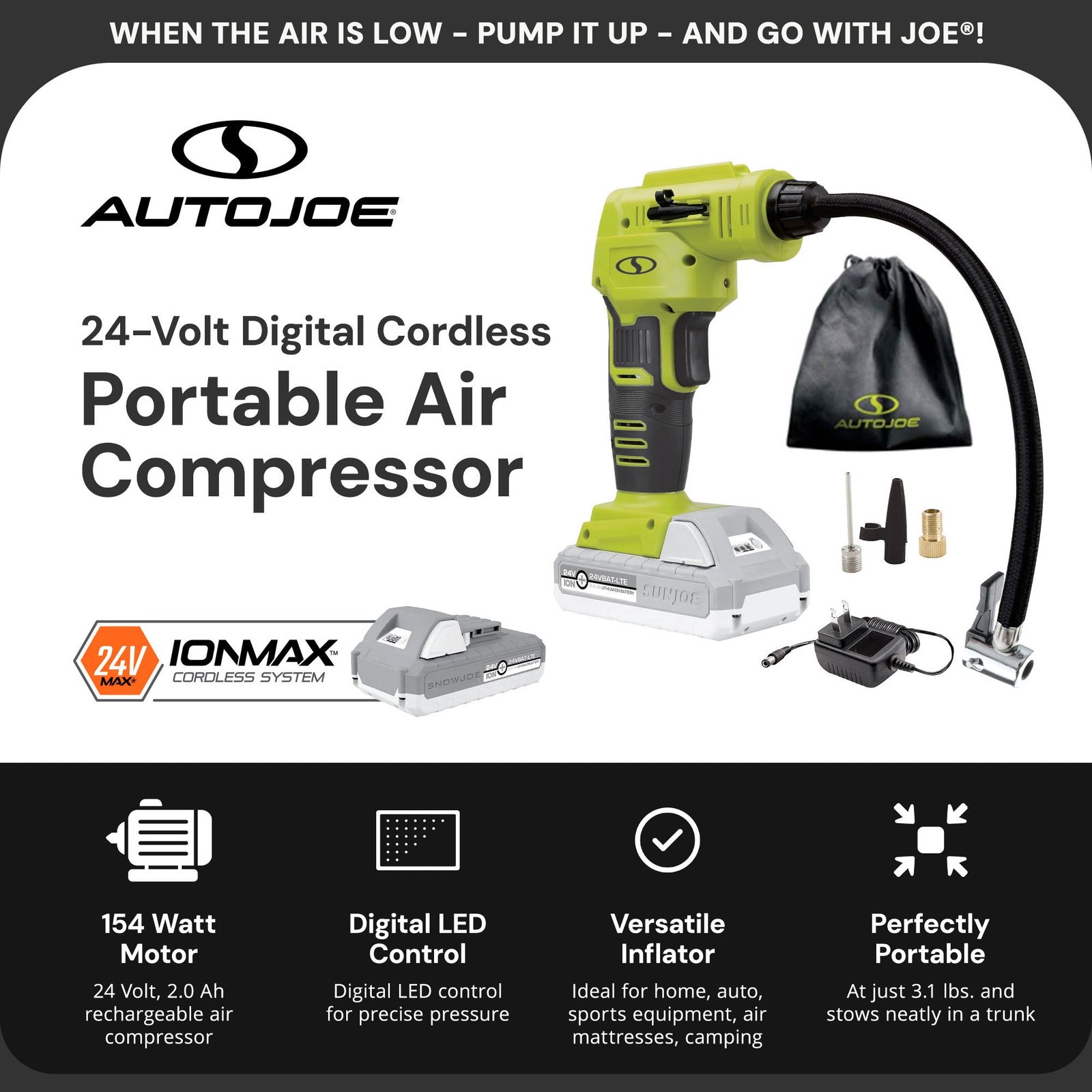 Auto Joe Portable Air Compressor Cordless Tire Inflate Pump, 24V-AJC-LTE - Image 2