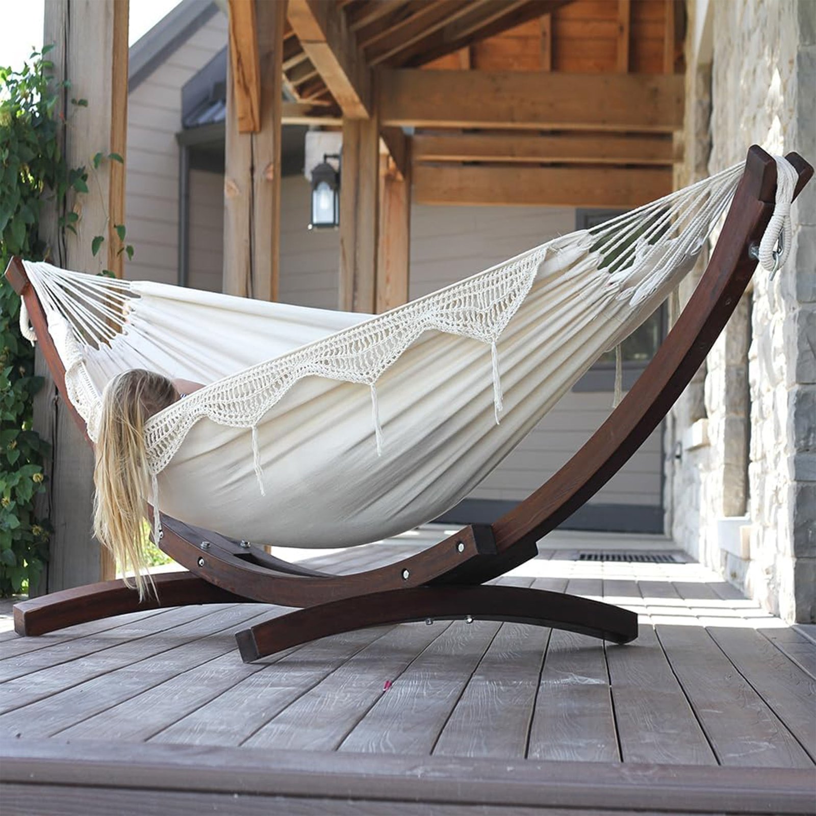 Double Cotton Hammock, Comfortable Daybed with Wood Frame, 8′, Natural - Image 3