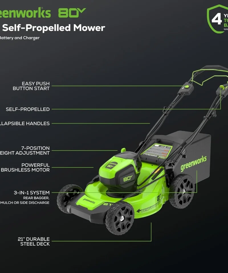 Greenworks 80V 21″ Cordless Self-Propelled Lawn Mowers. - Image 2
