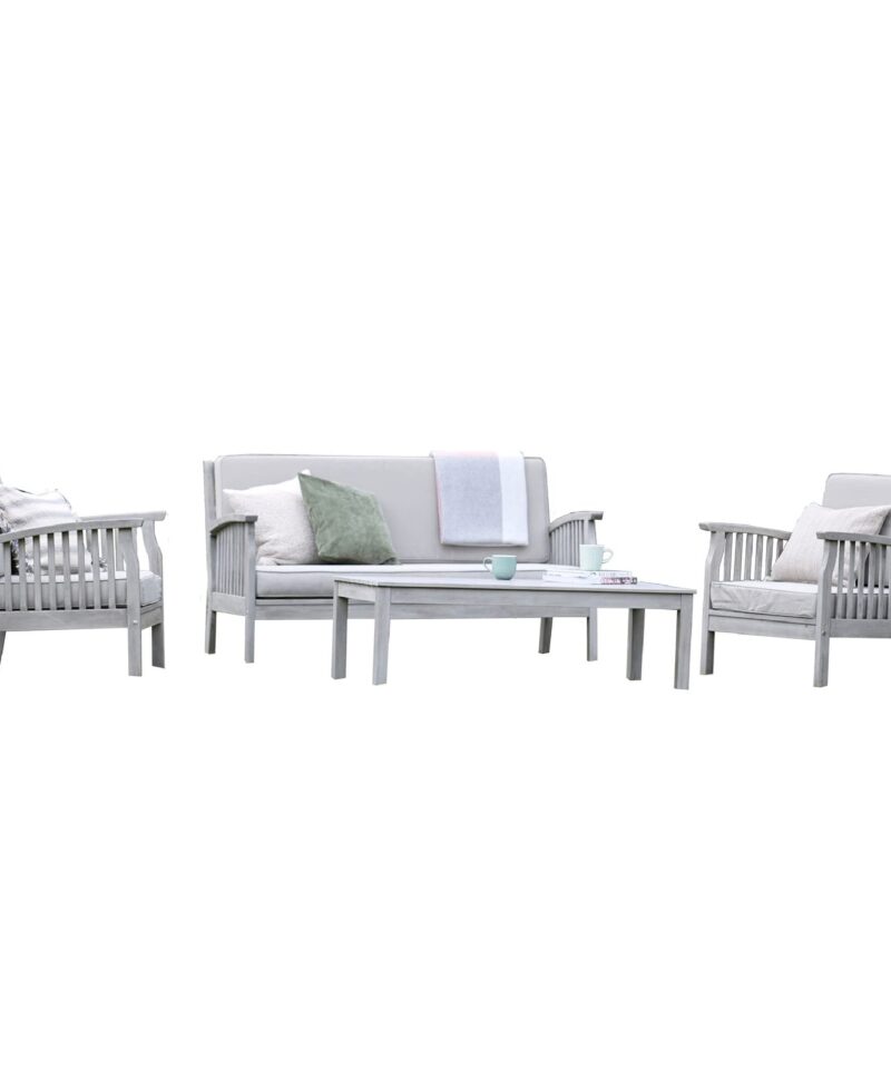 Patio Garden Furniture Set – Light Grey Wooden Garden Set – Repton Lounge – Outdoor Table & Chairs – Durable and Comfortable Design – With Cushions – Flat Pack Design – 4 Seater