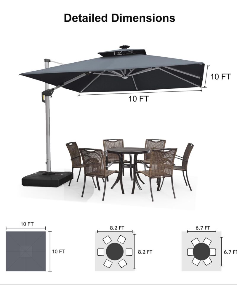 Double Top Deluxe Solar Powered LED Square Patio Umbrella Offset Hanging Umbrella Outdoor Market Umbrella Garden Umbrella,300 x 300 cm,Grey - Image 3