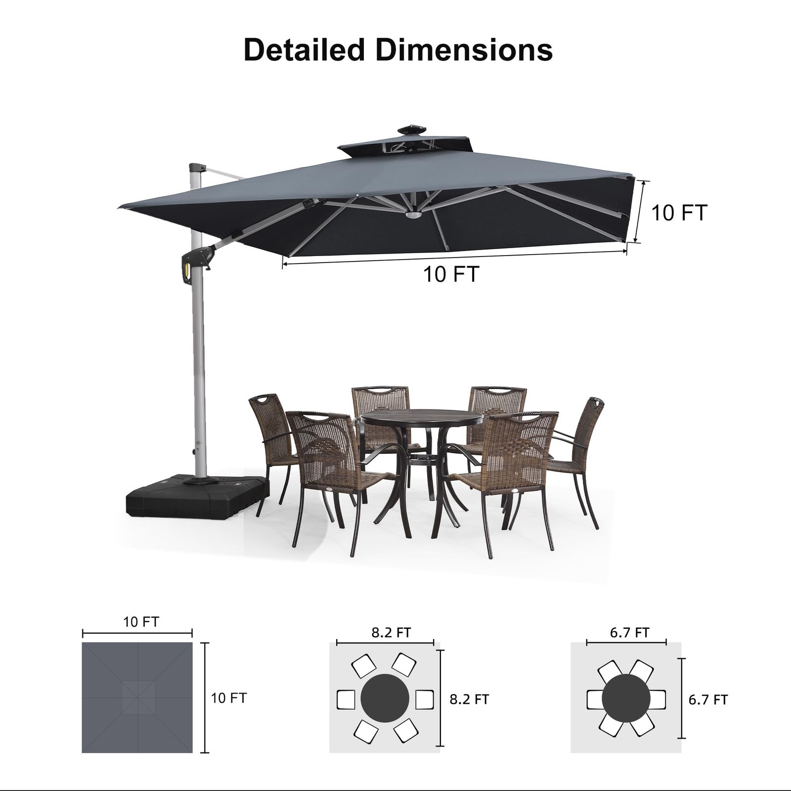 Double Top Deluxe Solar Powered LED Square Patio Umbrella Offset Hanging Umbrella Outdoor Market Umbrella Garden Umbrella,300 x 300 cm,Grey - Image 3