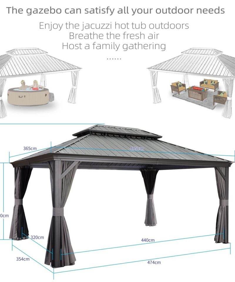 Heavy Duty Garden Gazebo 3.65 x 4.85 m with Galvanised Steel Double Roof, Waterproof Metal Hardtop Gazebo with Side Curtain and Zipped Netting for All Weathers, Outdoor and Patio, Grey - Image 5