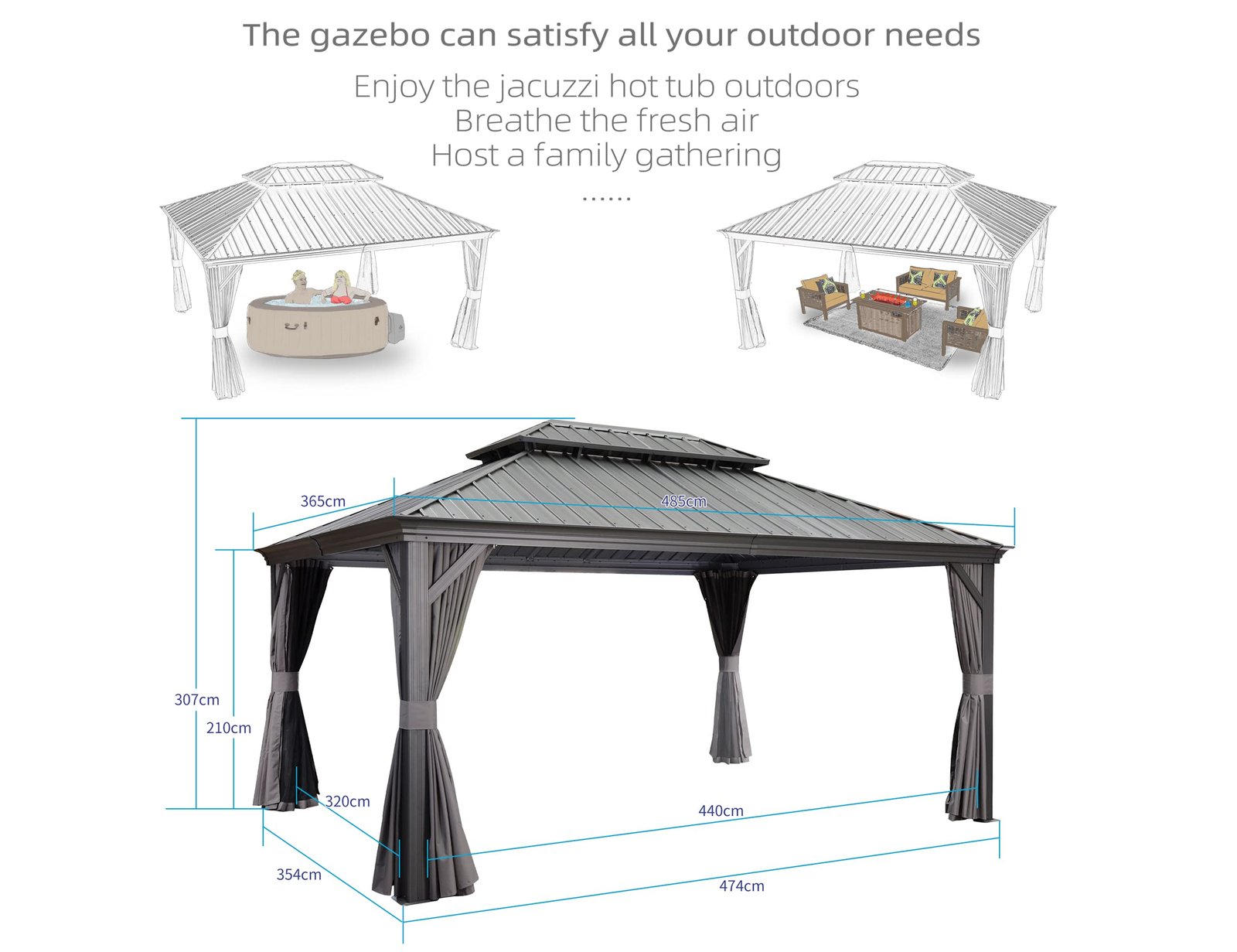 Heavy Duty Garden Gazebo 3.65 x 4.85 m with Galvanised Steel Double Roof, Waterproof Metal Hardtop Gazebo with Side Curtain and Zipped Netting for All Weathers, Outdoor and Patio, Grey - Image 5