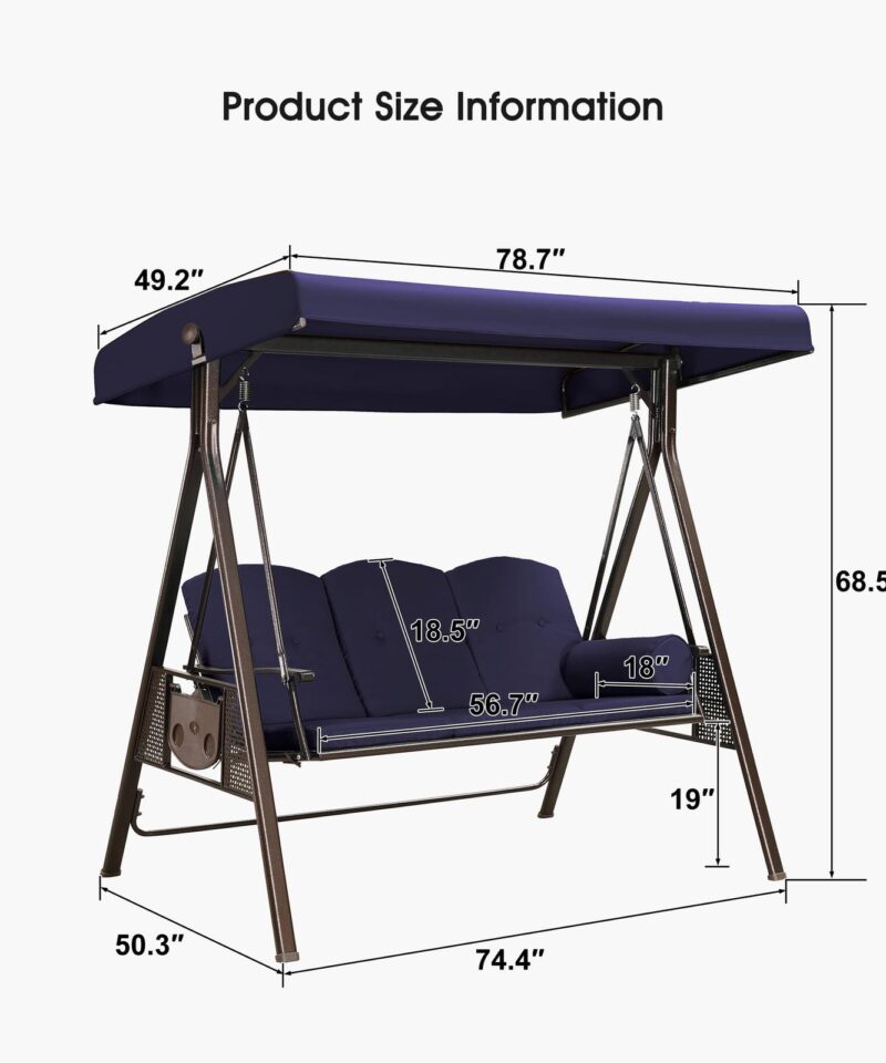 3-Seat Deluxe Outdoor Patio Porch Swing with Weather Resistant Steel Frame, Adjustable Tilt Canopy, Cushions and Pillow Included, Navy Blue - Image 3