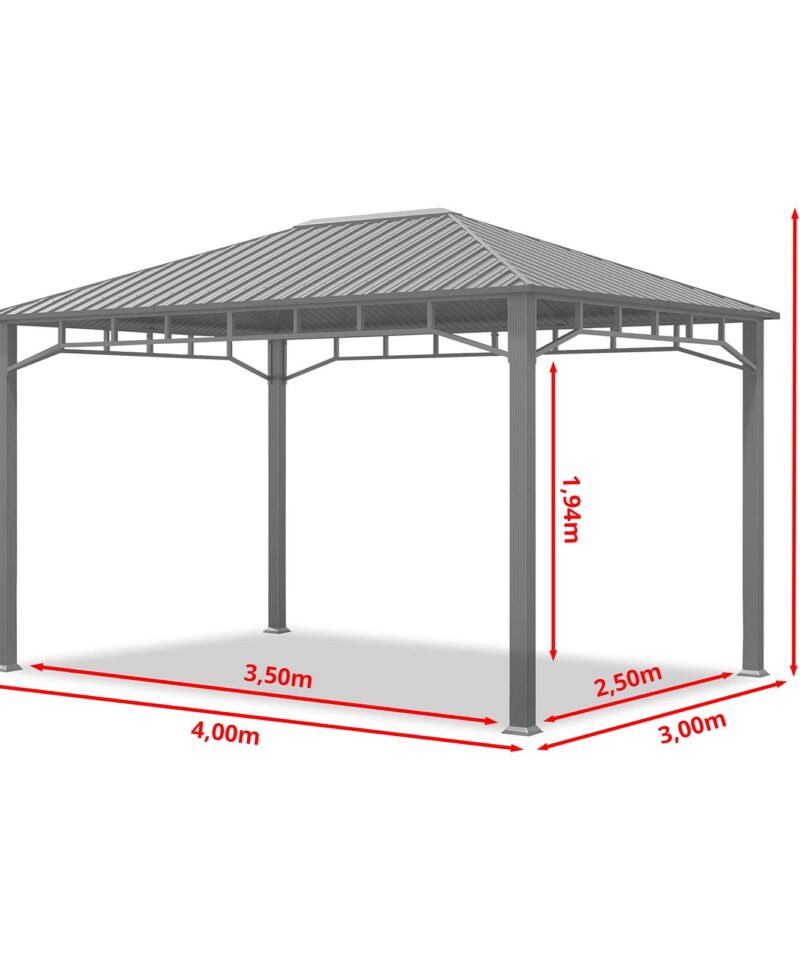 Garden gazebo 3×4 m hardtop steel roof, 4 side panels in grey, poles 9x9cm - Image 6