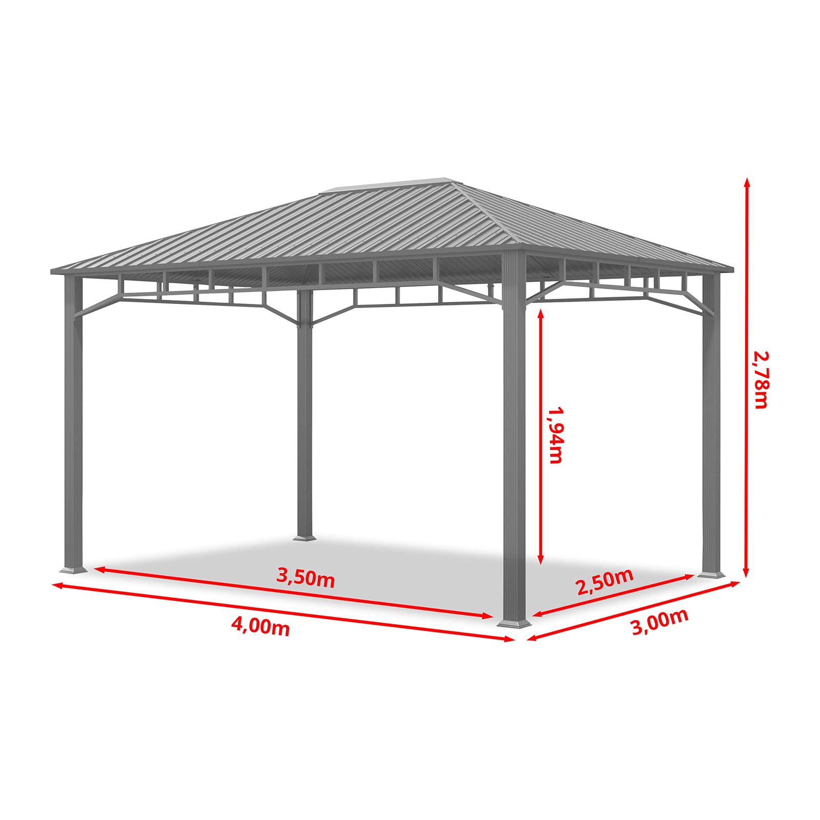 Garden gazebo 3×4 m hardtop steel roof, 4 side panels in grey, poles 9x9cm - Image 6