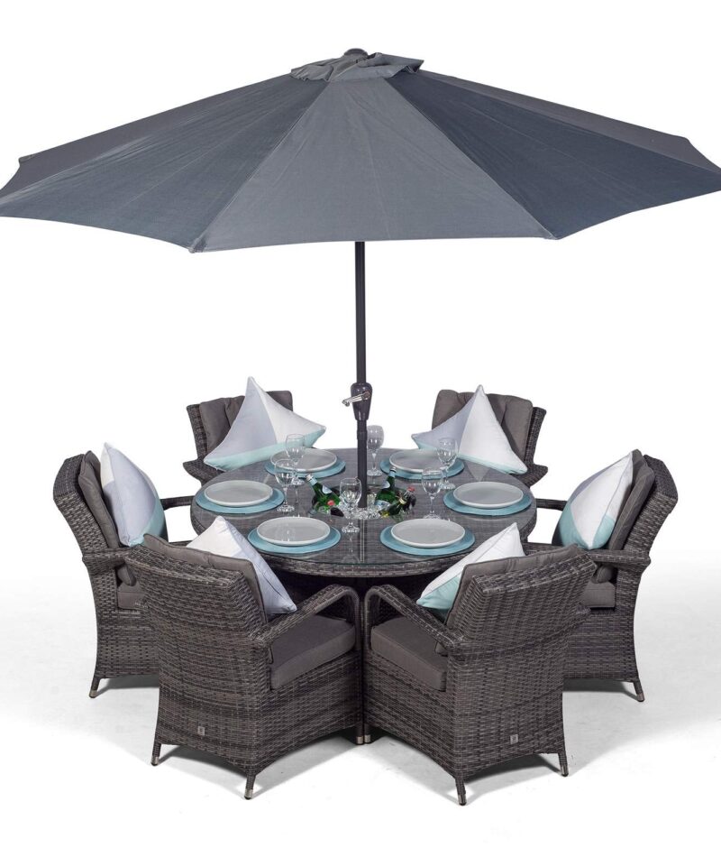Arizona Luxury 6 Seater Grey Rattan Dining Set with Ice Bucket Drinks Cooler | Outdoor Poly Rattan Garden Table & Chairs Set with Parasol & Cover