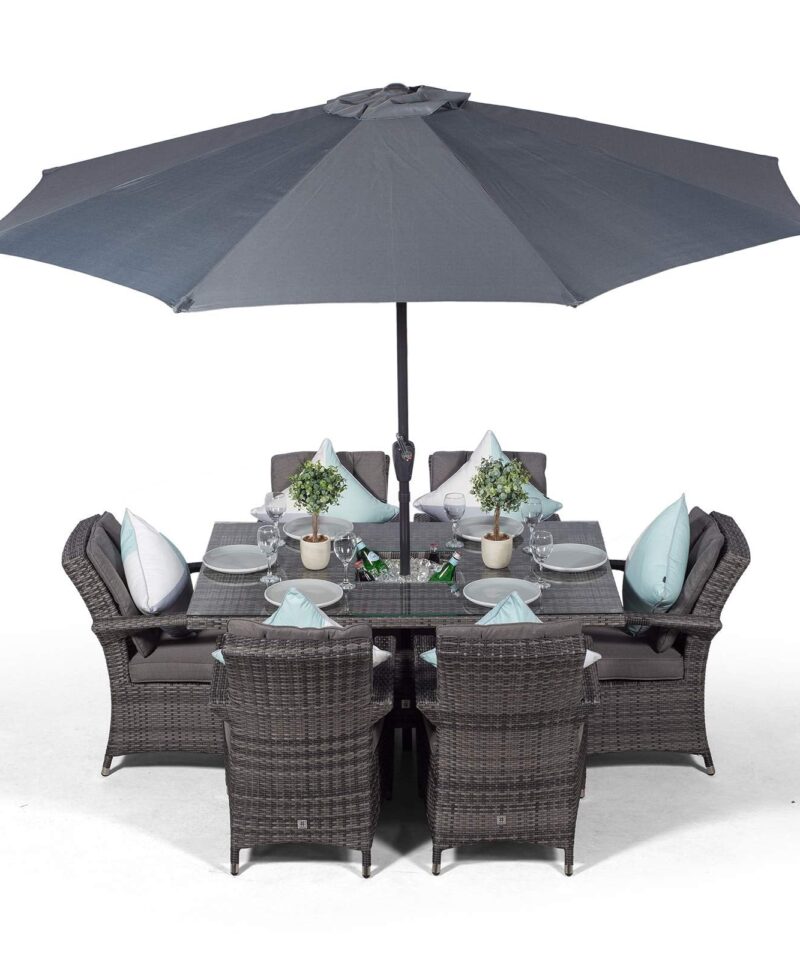 Arizona Rattan Dining Set | Luxury Rectangle 6 Seater Grey Rattan Table & Chairs Set with Ice Bucket Drinks Cooler | Outdoor Poly Rattan Garden Dining Furniture Set with Parasol & Cover
