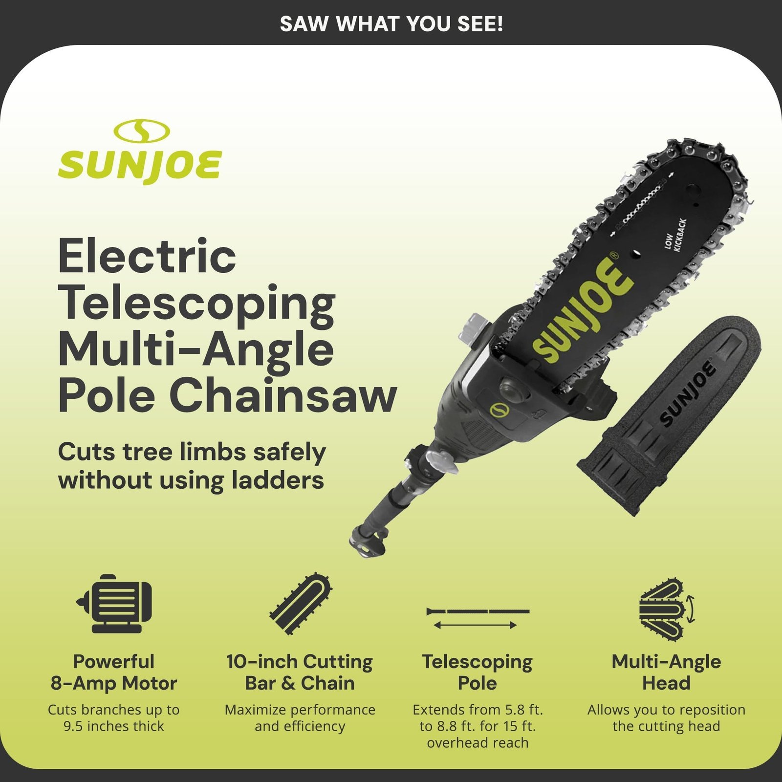 10″ Corded Electric Pole Chainsaw w/ 14′ Foot Reach & Multi Angle Head - Image 2