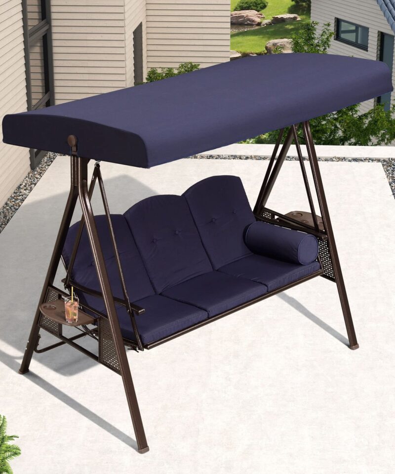 3-Seat Deluxe Outdoor Patio Porch Swing with Weather Resistant Steel Frame, Adjustable Tilt Canopy, Cushions and Pillow Included, Navy Blue - Image 8