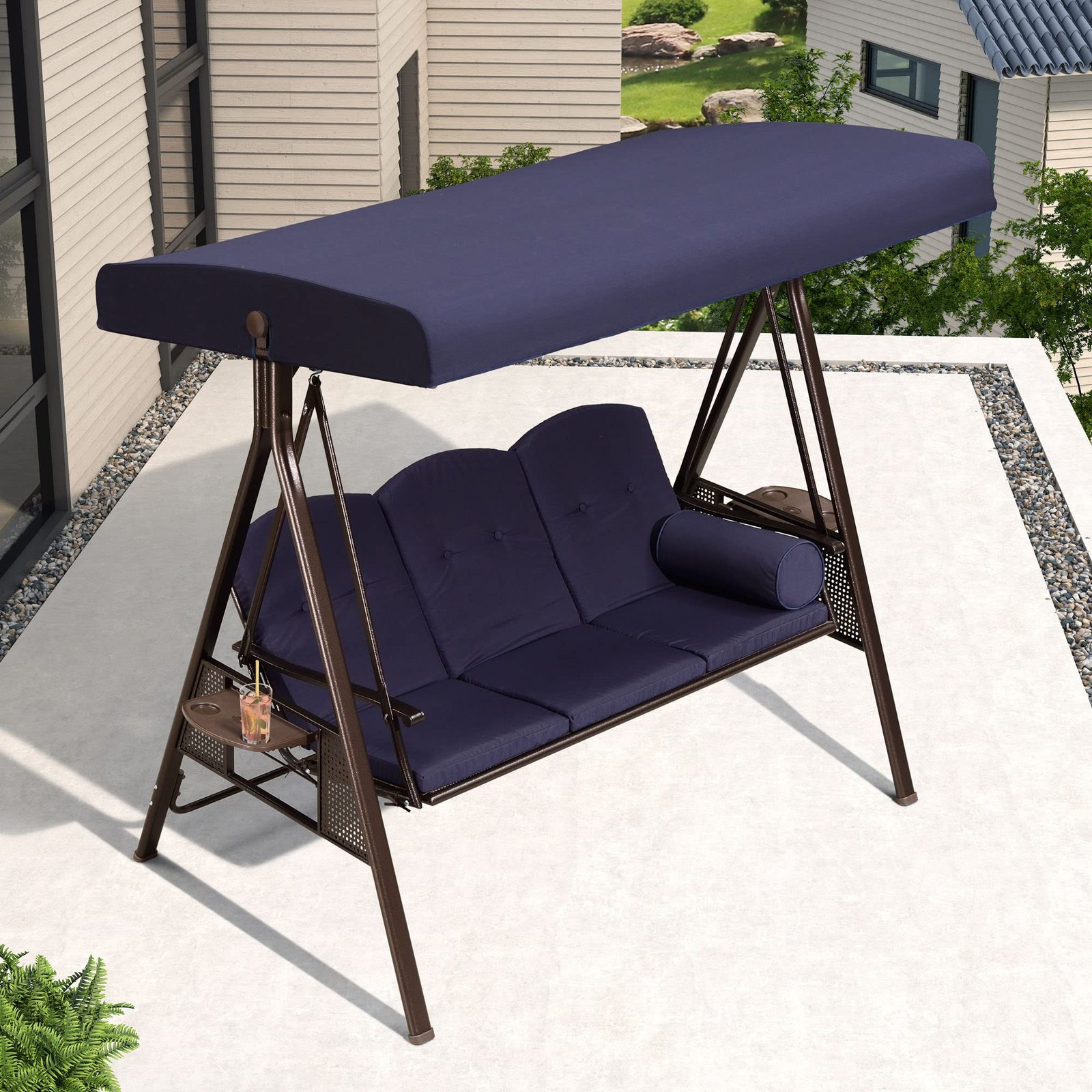 3-Seat Deluxe Outdoor Patio Porch Swing with Weather Resistant Steel Frame, Adjustable Tilt Canopy, Cushions and Pillow Included, Navy Blue - Image 8