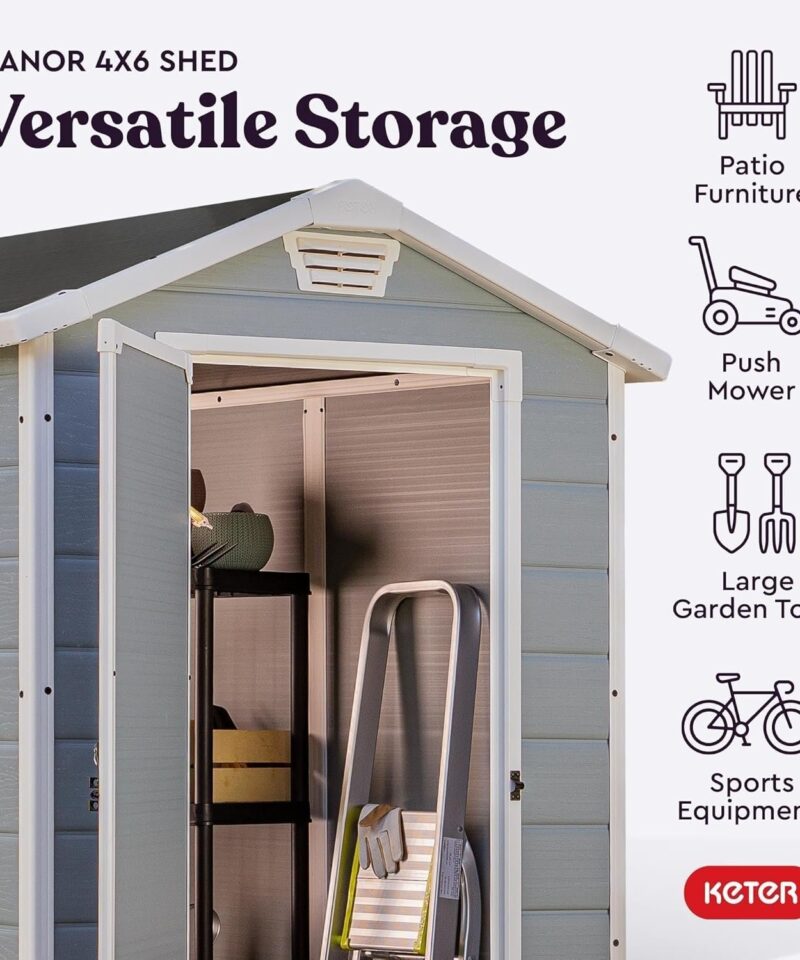 Keter Manor 4×6 Resin Outdoor Storage Shed Kit-Perfect to Store Patio Furniture, Garden Tools Bike Accessories, Beach Chairs and Lawn Mower, Grey & White - Image 4