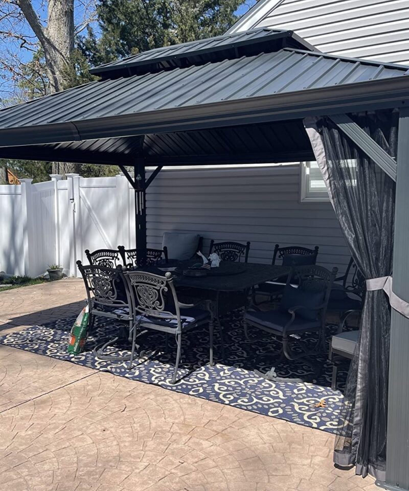 Heavy Duty Garden Gazebo 3.65 x 4.85 m with Galvanised Steel Double Roof, Waterproof Metal Hardtop Gazebo with Side Curtain and Zipped Netting for All Weathers, Outdoor and Patio, Grey