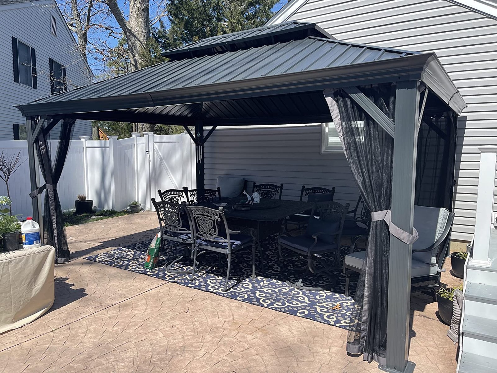 Heavy Duty Garden Gazebo 3.65 x 4.85 m with Galvanised Steel Double Roof, Waterproof Metal Hardtop Gazebo with Side Curtain and Zipped Netting for All Weathers, Outdoor and Patio, Grey