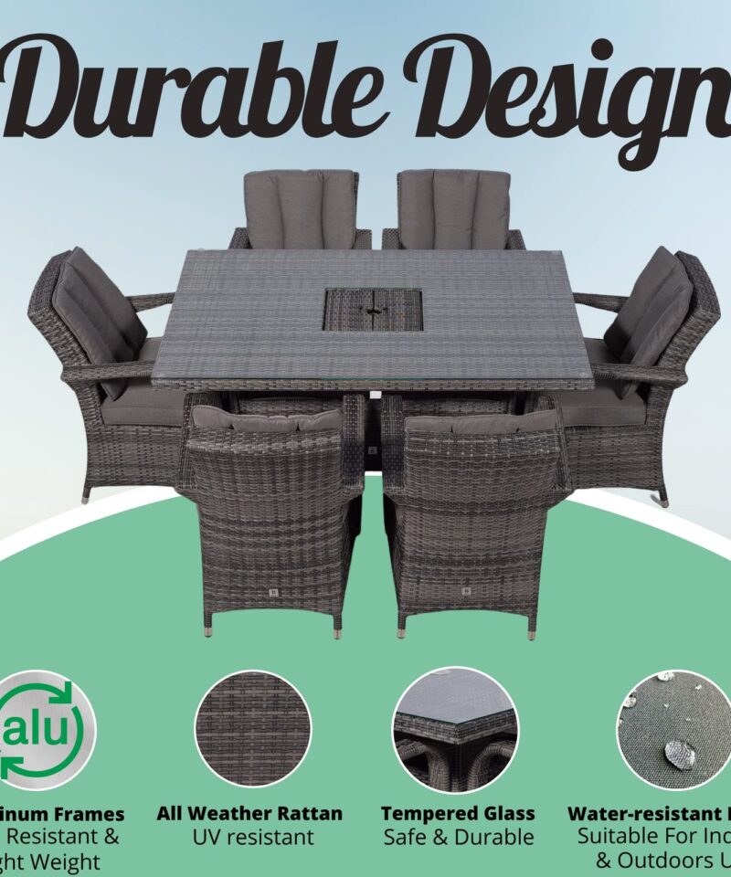 Arizona Rattan Dining Set | Luxury Rectangle 6 Seater Grey Rattan Table & Chairs Set with Ice Bucket Drinks Cooler | Outdoor Poly Rattan Garden Dining Furniture Set with Parasol & Cover - Image 8