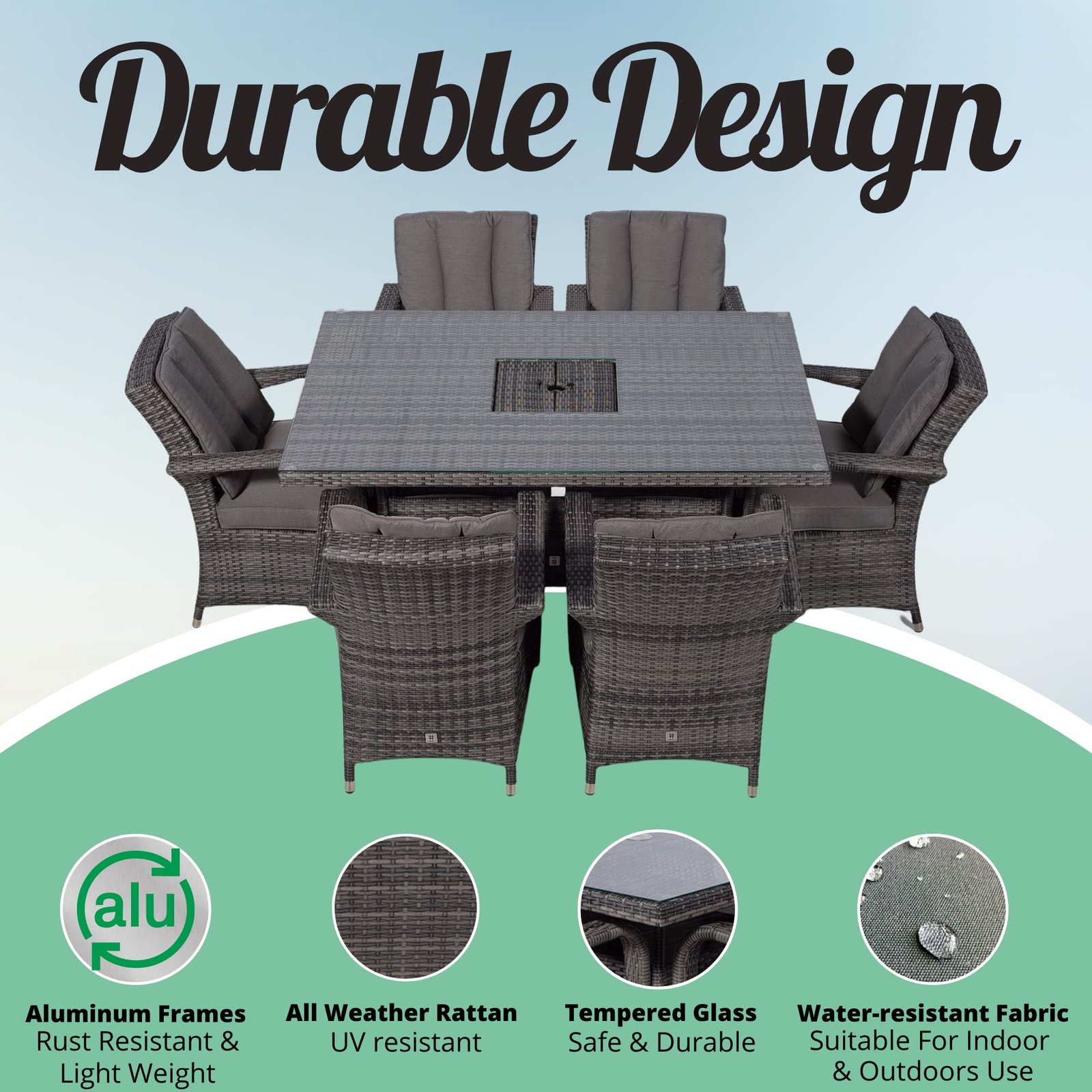 Arizona Rattan Dining Set | Luxury Rectangle 6 Seater Grey Rattan Table & Chairs Set with Ice Bucket Drinks Cooler | Outdoor Poly Rattan Garden Dining Furniture Set with Parasol & Cover - Image 8