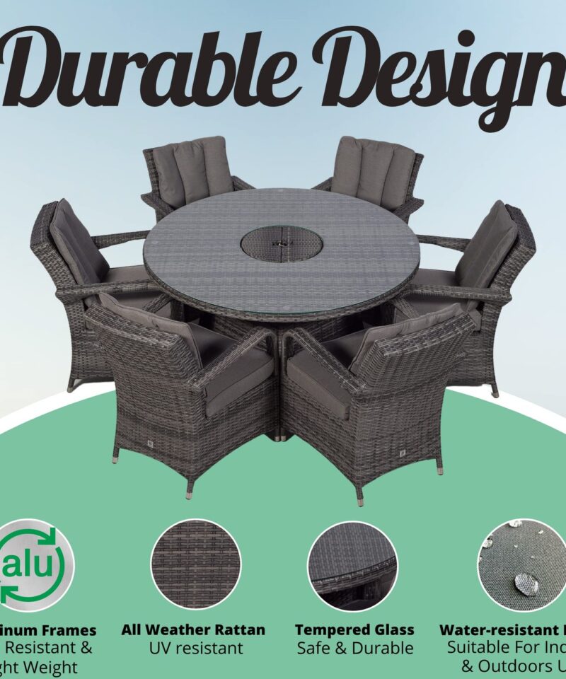 Arizona Luxury 6 Seater Grey Rattan Dining Set with Ice Bucket Drinks Cooler | Outdoor Poly Rattan Garden Table & Chairs Set with Parasol & Cover - Image 8