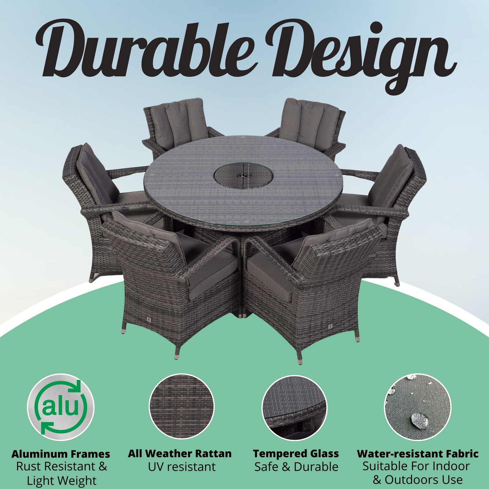 Arizona Luxury 6 Seater Grey Rattan Dining Set with Ice Bucket Drinks Cooler | Outdoor Poly Rattan Garden Table & Chairs Set with Parasol & Cover - Image 8