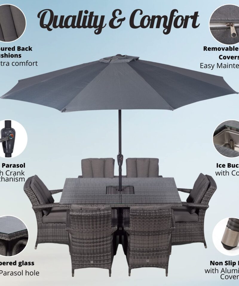 Arizona Rattan Dining Set | Luxury Rectangle 6 Seater Grey Rattan Table & Chairs Set with Ice Bucket Drinks Cooler | Outdoor Poly Rattan Garden Dining Furniture Set with Parasol & Cover - Image 9