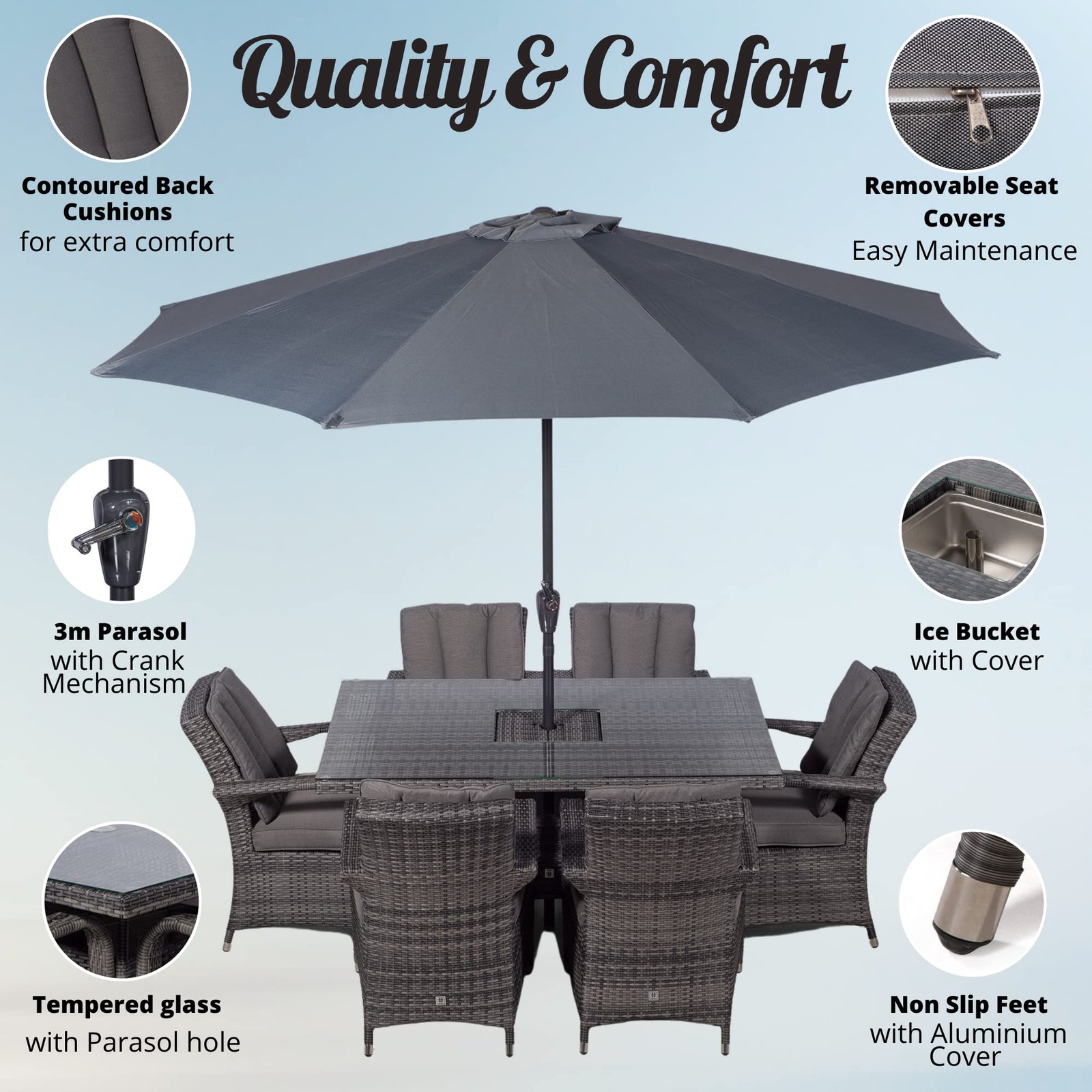 Arizona Rattan Dining Set | Luxury Rectangle 6 Seater Grey Rattan Table & Chairs Set with Ice Bucket Drinks Cooler | Outdoor Poly Rattan Garden Dining Furniture Set with Parasol & Cover - Image 9