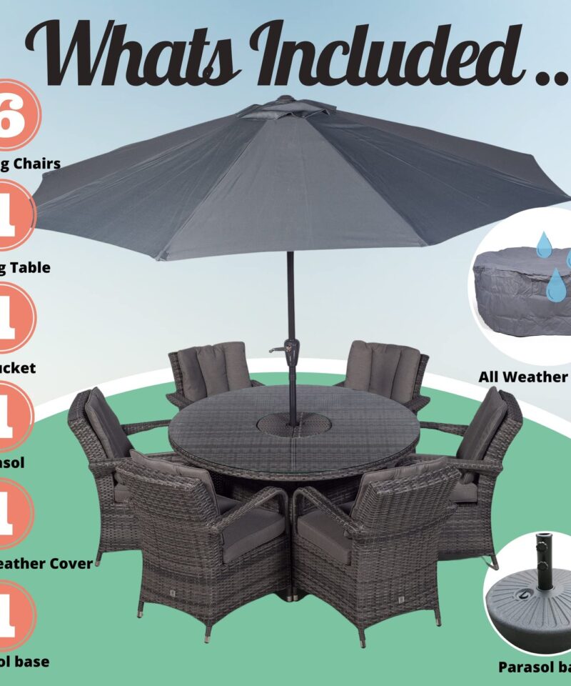 Arizona Luxury 6 Seater Grey Rattan Dining Set with Ice Bucket Drinks Cooler | Outdoor Poly Rattan Garden Table & Chairs Set with Parasol & Cover - Image 7