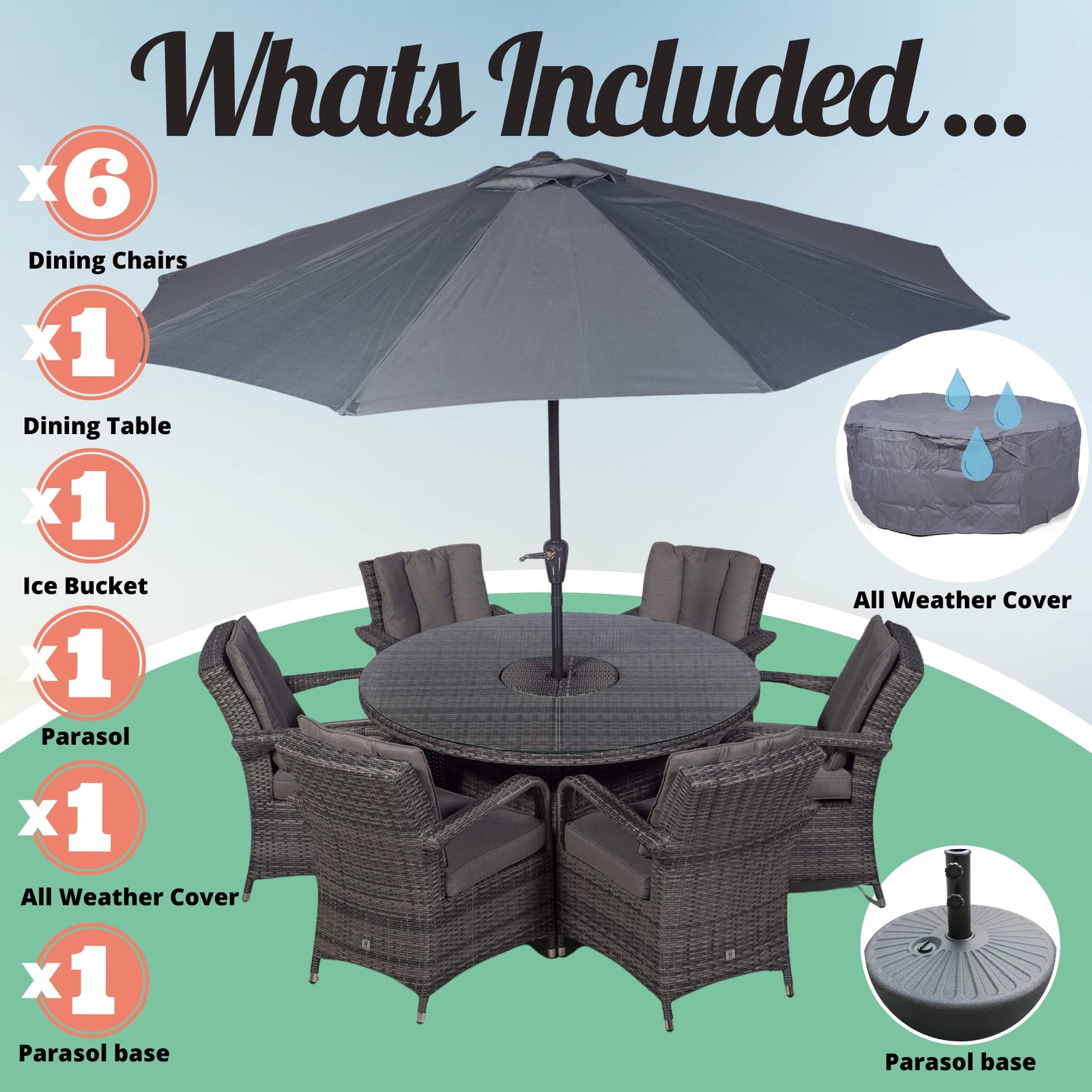 Arizona Luxury 6 Seater Grey Rattan Dining Set with Ice Bucket Drinks Cooler | Outdoor Poly Rattan Garden Table & Chairs Set with Parasol & Cover - Image 7