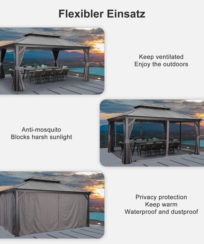 Heavy Duty Garden Gazebo 3.65 x 4.85 m with Galvanised Steel Double Roof, Waterproof Metal Hardtop Gazebo with Side Curtain and Zipped Netting for All Weathers, Outdoor and Patio, Grey - Image 7