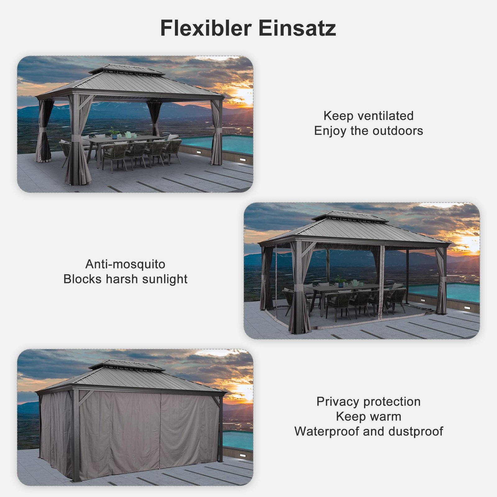 Heavy Duty Garden Gazebo 3.65 x 4.85 m with Galvanised Steel Double Roof, Waterproof Metal Hardtop Gazebo with Side Curtain and Zipped Netting for All Weathers, Outdoor and Patio, Grey - Image 7