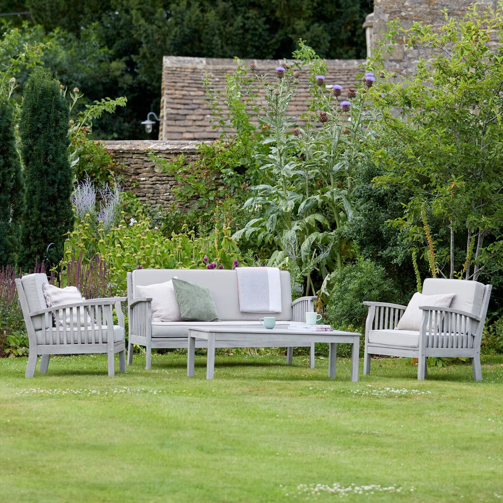 Patio Garden Furniture Set – Light Grey Wooden Garden Set – Repton Lounge – Outdoor Table & Chairs – Durable and Comfortable Design – With Cushions – Flat Pack Design – 4 Seater - Image 7