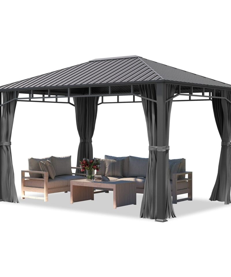 Garden gazebo 3×4 m hardtop steel roof, 4 side panels in grey, poles 9x9cm