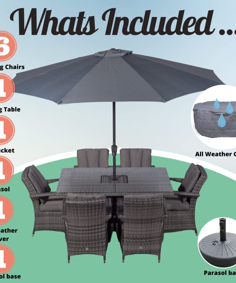 Arizona Rattan Dining Set | Luxury Rectangle 6 Seater Grey Rattan Table & Chairs Set with Ice Bucket Drinks Cooler | Outdoor Poly Rattan Garden Dining Furniture Set with Parasol & Cover - Image 7