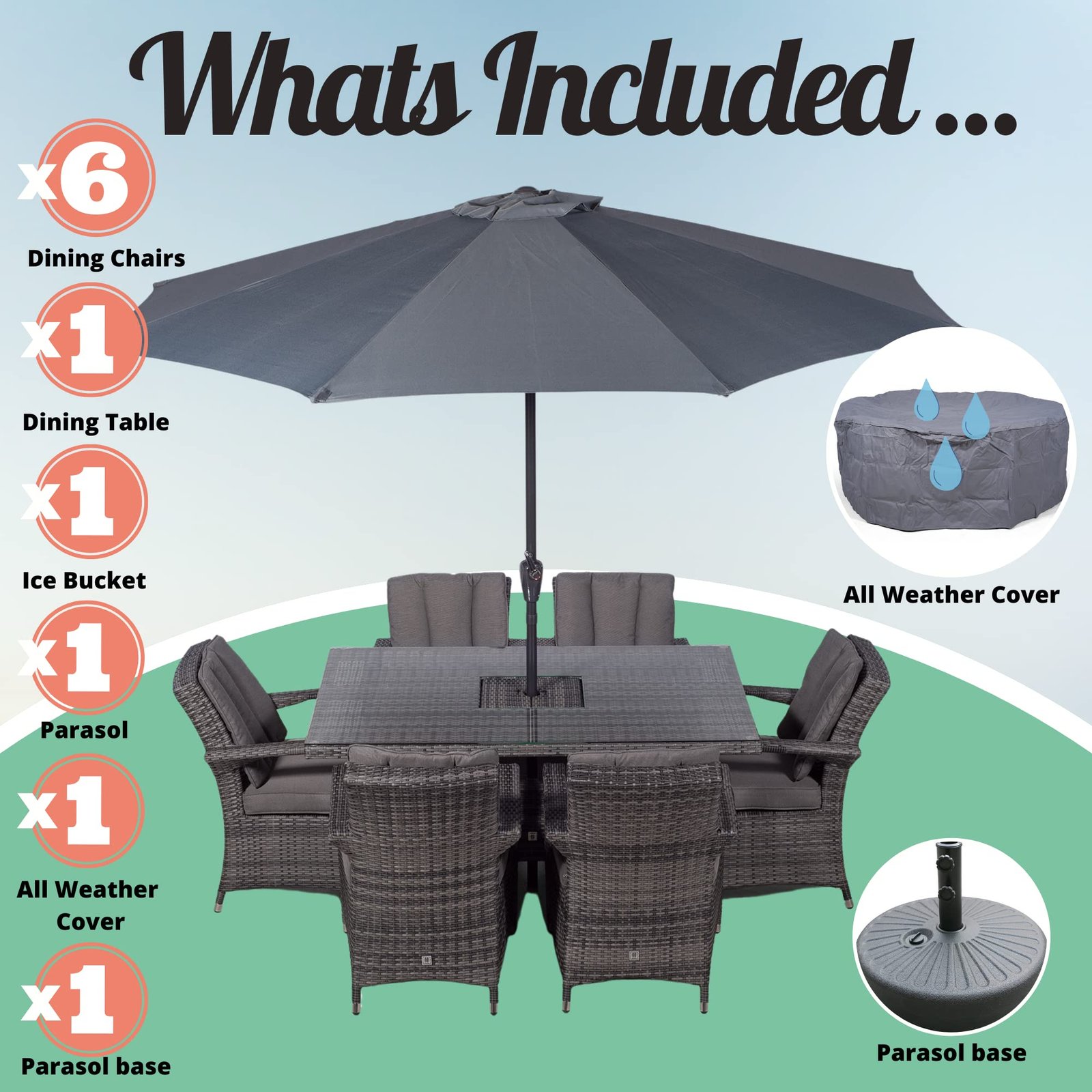 Arizona Rattan Dining Set | Luxury Rectangle 6 Seater Grey Rattan Table & Chairs Set with Ice Bucket Drinks Cooler | Outdoor Poly Rattan Garden Dining Furniture Set with Parasol & Cover - Image 7