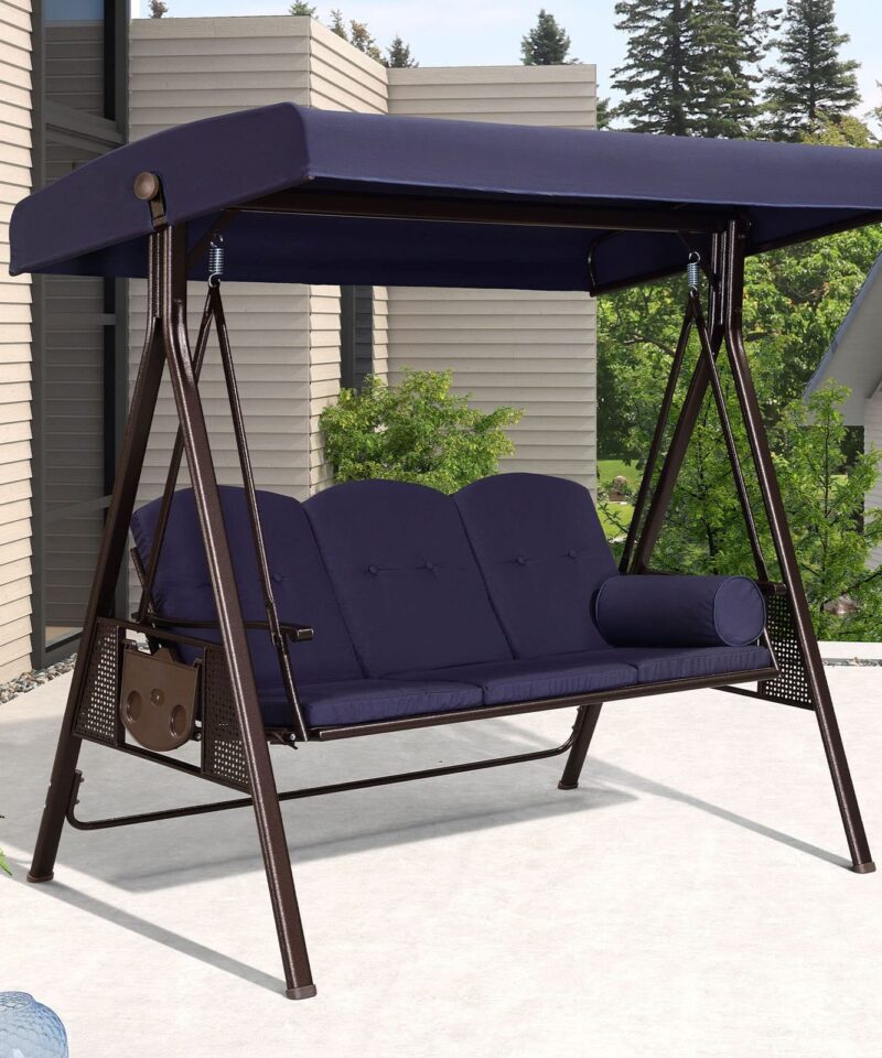 3-Seat Deluxe Outdoor Patio Porch Swing with Weather Resistant Steel Frame, Adjustable Tilt Canopy, Cushions and Pillow Included, Navy Blue