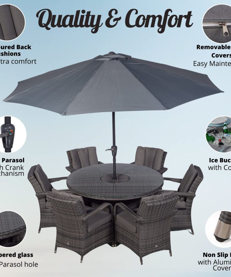 Arizona Luxury 6 Seater Grey Rattan Dining Set with Ice Bucket Drinks Cooler | Outdoor Poly Rattan Garden Table & Chairs Set with Parasol & Cover - Image 9