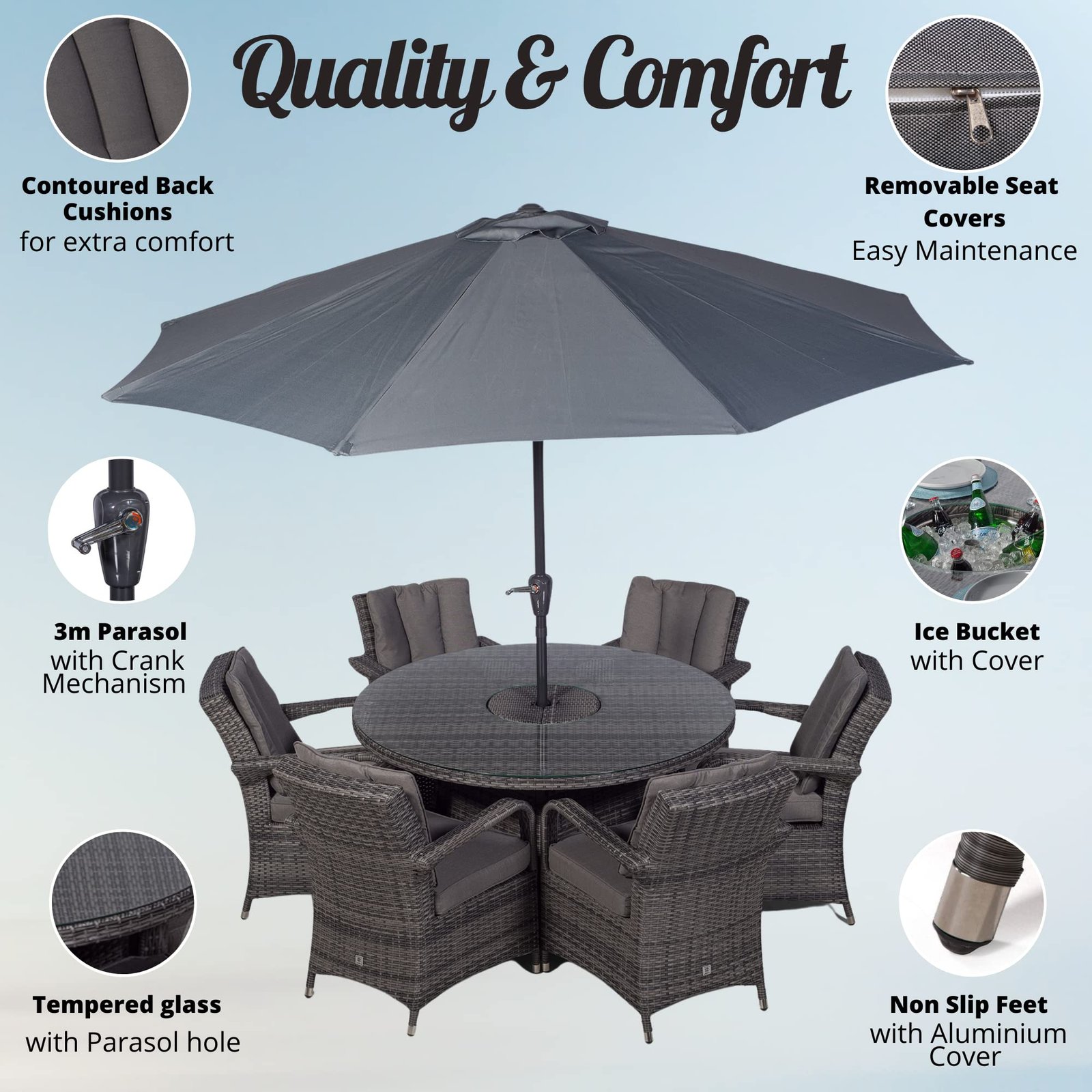 Arizona Luxury 6 Seater Grey Rattan Dining Set with Ice Bucket Drinks Cooler | Outdoor Poly Rattan Garden Table & Chairs Set with Parasol & Cover - Image 9