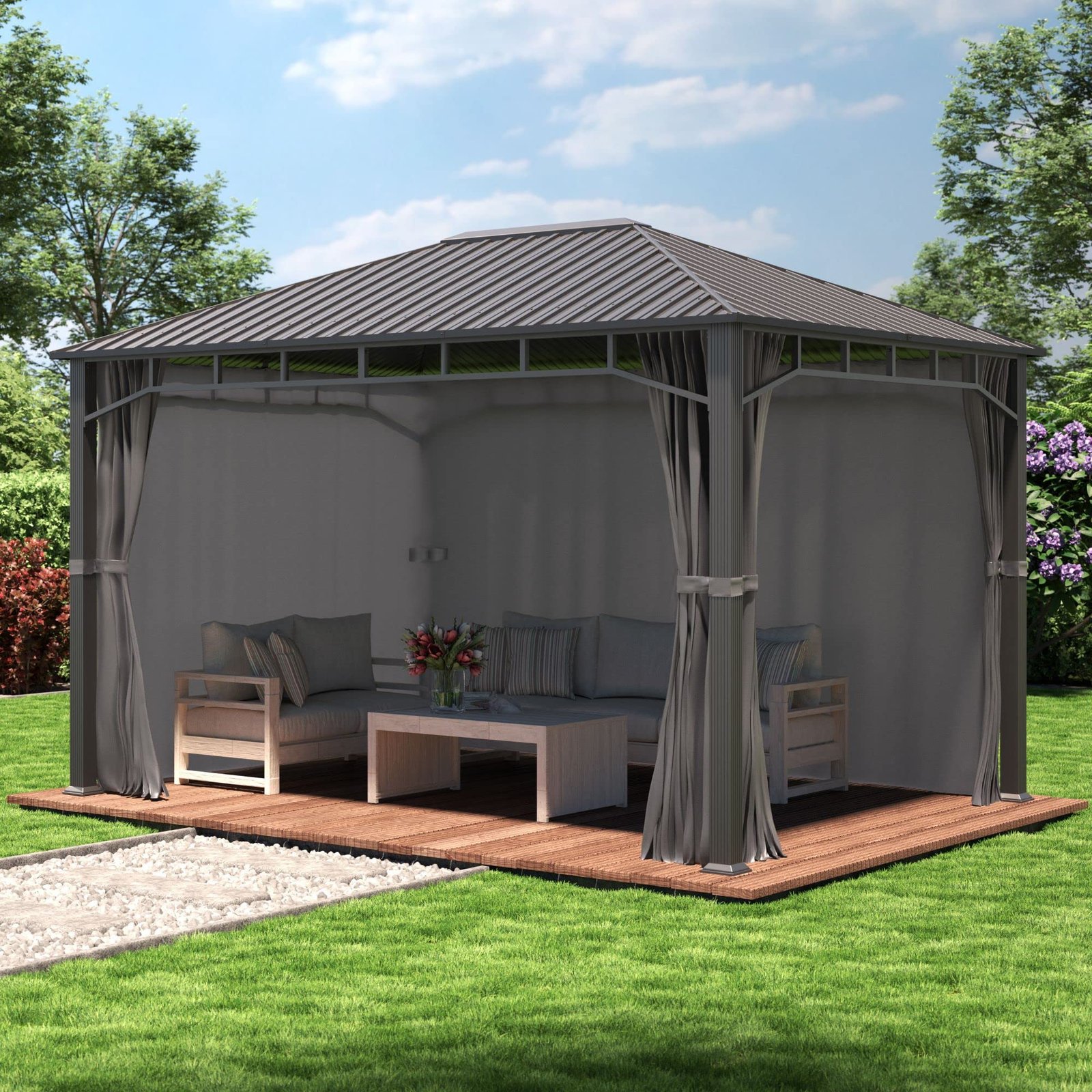 Garden gazebo 3×4 m hardtop steel roof, 4 side panels in grey, poles 9x9cm - Image 9