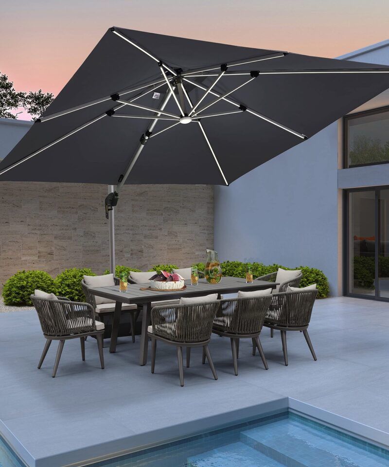 Double Top Deluxe Solar Powered LED Square Patio Umbrella Offset Hanging Umbrella Outdoor Market Umbrella Garden Umbrella,300 x 300 cm,Grey