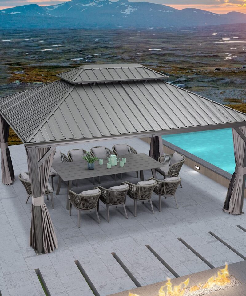 Heavy Duty Garden Gazebo 3.65 x 4.85 m with Galvanised Steel Double Roof, Waterproof Metal Hardtop Gazebo with Side Curtain and Zipped Netting for All Weathers, Outdoor and Patio, Grey - Image 9