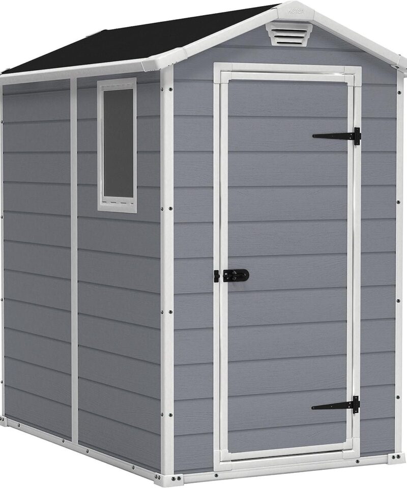 Keter Manor 4×6 Resin Outdoor Storage Shed Kit-Perfect to Store Patio Furniture, Garden Tools Bike Accessories, Beach Chairs and Lawn Mower, Grey & White