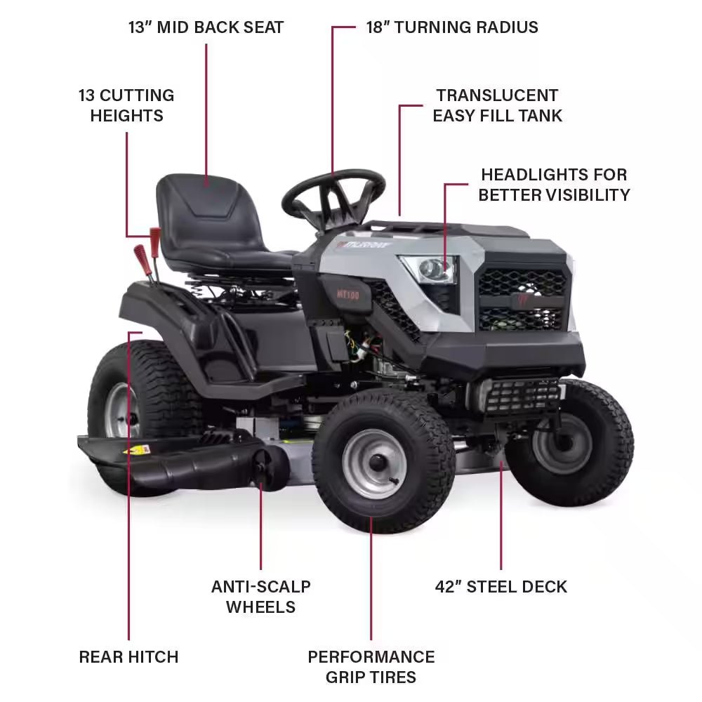 MT100 42 In. 13.5 HP 500Cc E1350 Series Briggs and Stratton Engine 6-Speed Manual Gas Riding Lawn Tractor Mower - Image 5