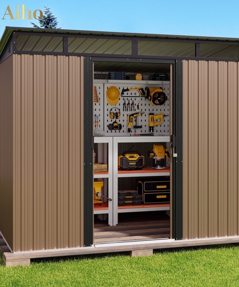 8 x 6 FT Outdoor Storage Shed with Sliding Double Doors for Garden, Patio – Brown