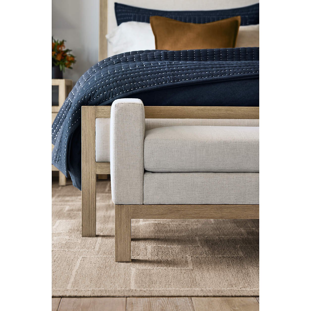 Keane 70″ Weathered Natural Wood Upholstered Bench - Image 5