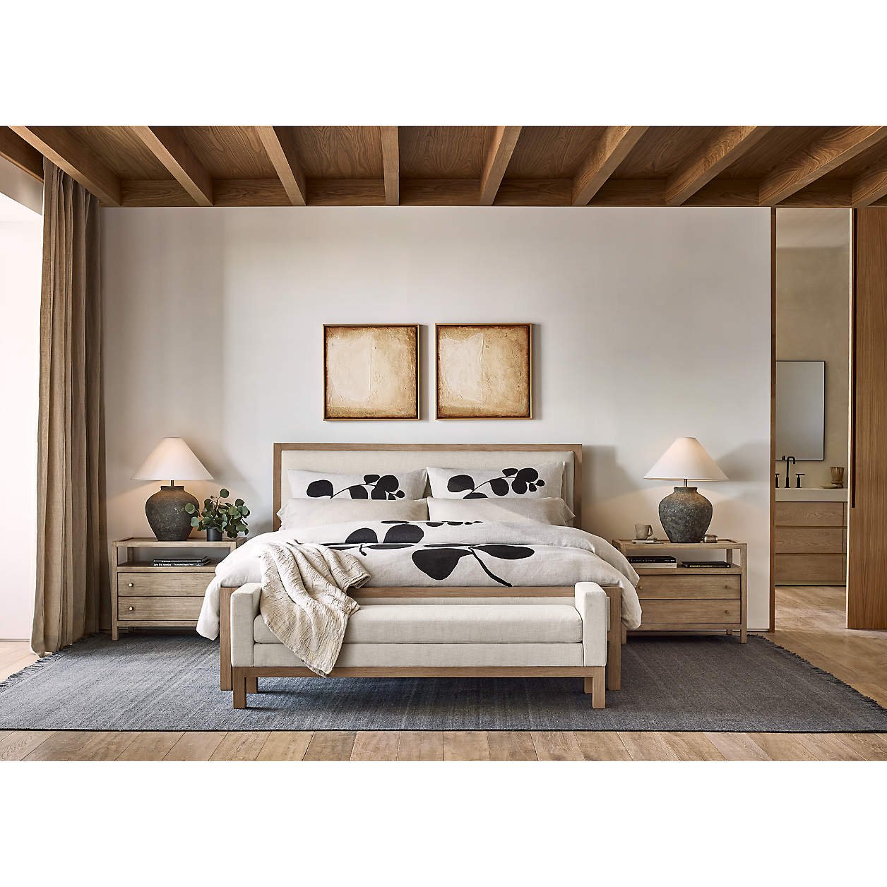 Keane 70″ Weathered Natural Wood Upholstered Bench