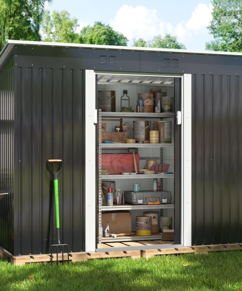 4.2′ x 9.1′ Outdoor Metal Storage Shed, Garden Tool House with 2 Vents, 2 Sliding Doors for Backyard Patio Lawn, Gray