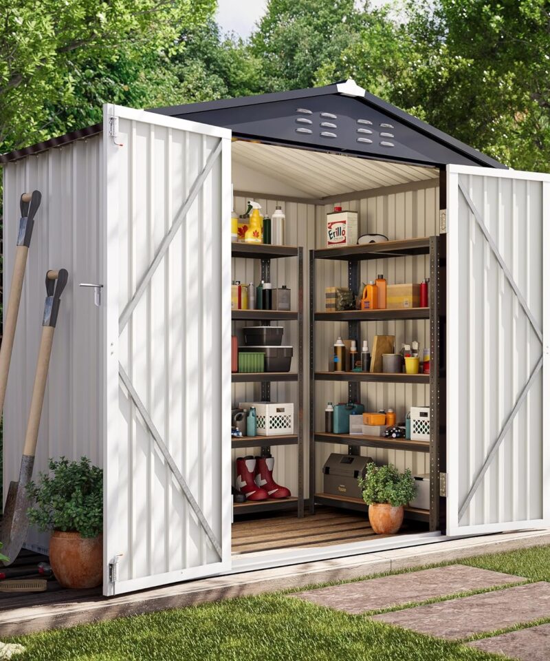 4′ x 6′ Outdoor Storage Shed, Metal Shed Garden Tool Storage & Bicycle Storage with Lockable Door, White