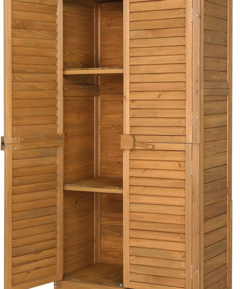 Outdoor Storage Cabinet Garden Shed w/ Asphalt Roof, Wooden, Natural