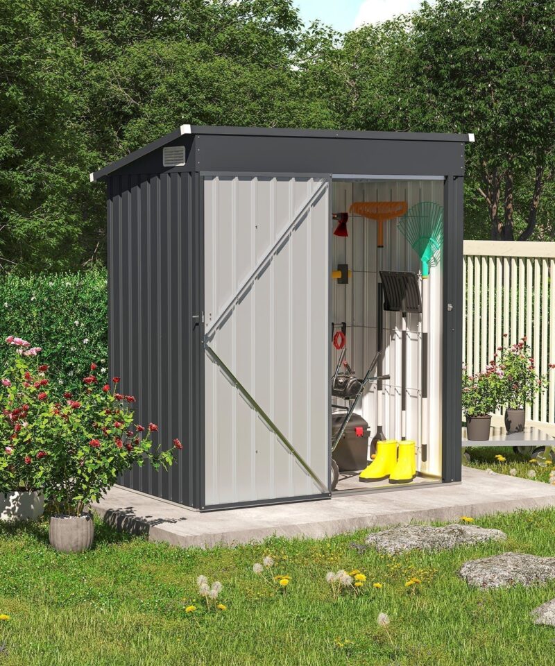 5′ x 3′ FT Outdoor Storage Shed, Metal Garden Tool Shed with Lockable Door, Outside Sheds & Storage Galvanized Steel, Black