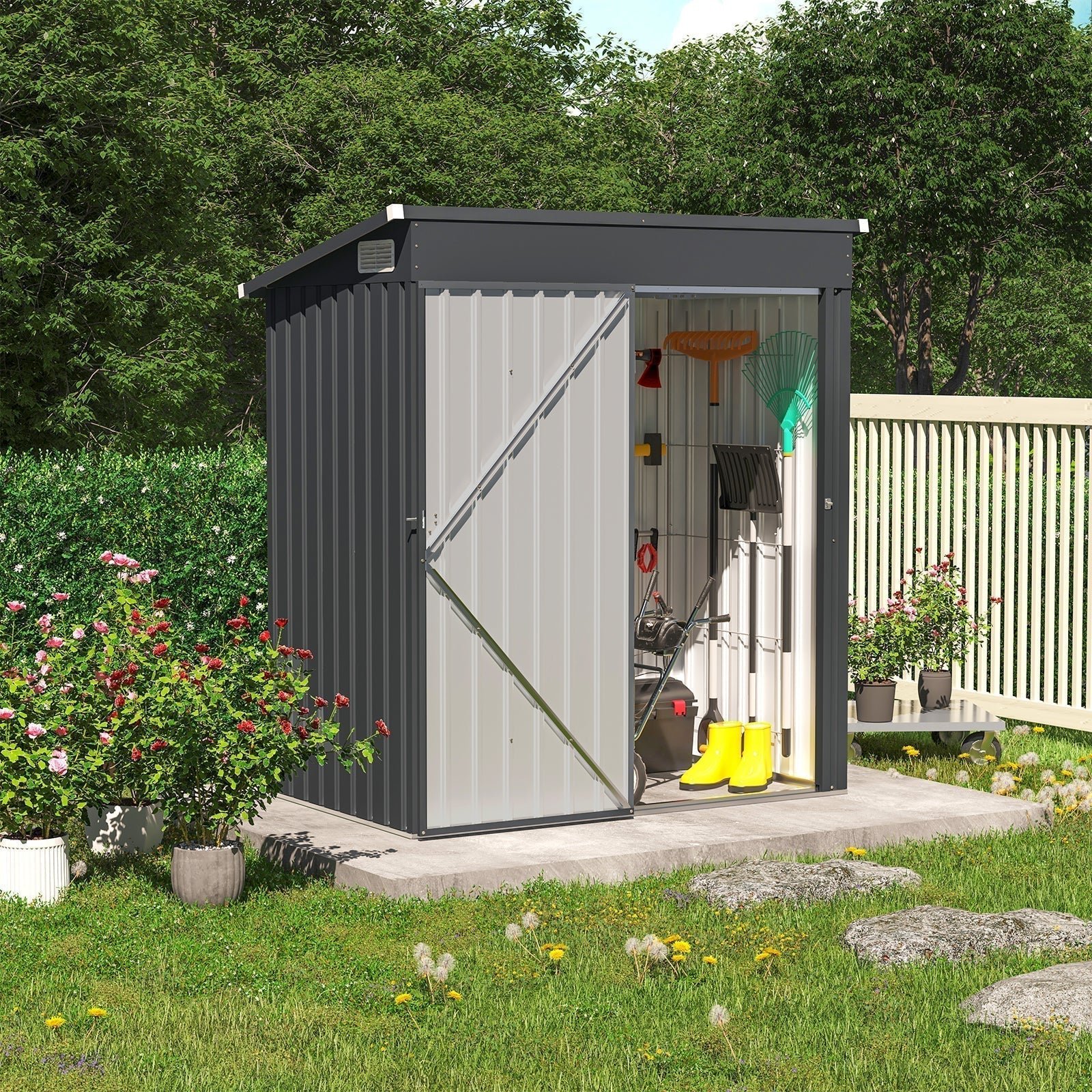5′ x 3′ FT Outdoor Storage Shed, Metal Garden Tool Shed with Lockable Door, Outside Sheds & Storage Galvanized Steel, Black